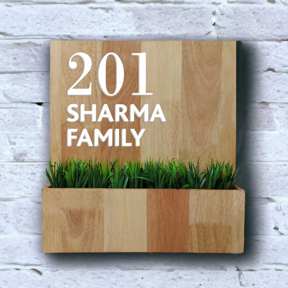 Wooden Name Plate for House with Planter Artificial Greens Included-3D Raised Fonts