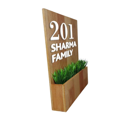 Wooden Name Plate for House with Planter Artificial Greens Included-3D Raised Fonts