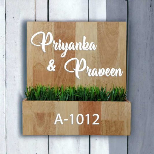 Customized Wooden Name Plates with Planter Artificial Greens Included-3D Raised Fonts