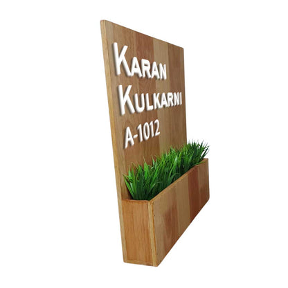 Wooden Name Board with Planter Artificial Greens Included-3D Raised Fonts