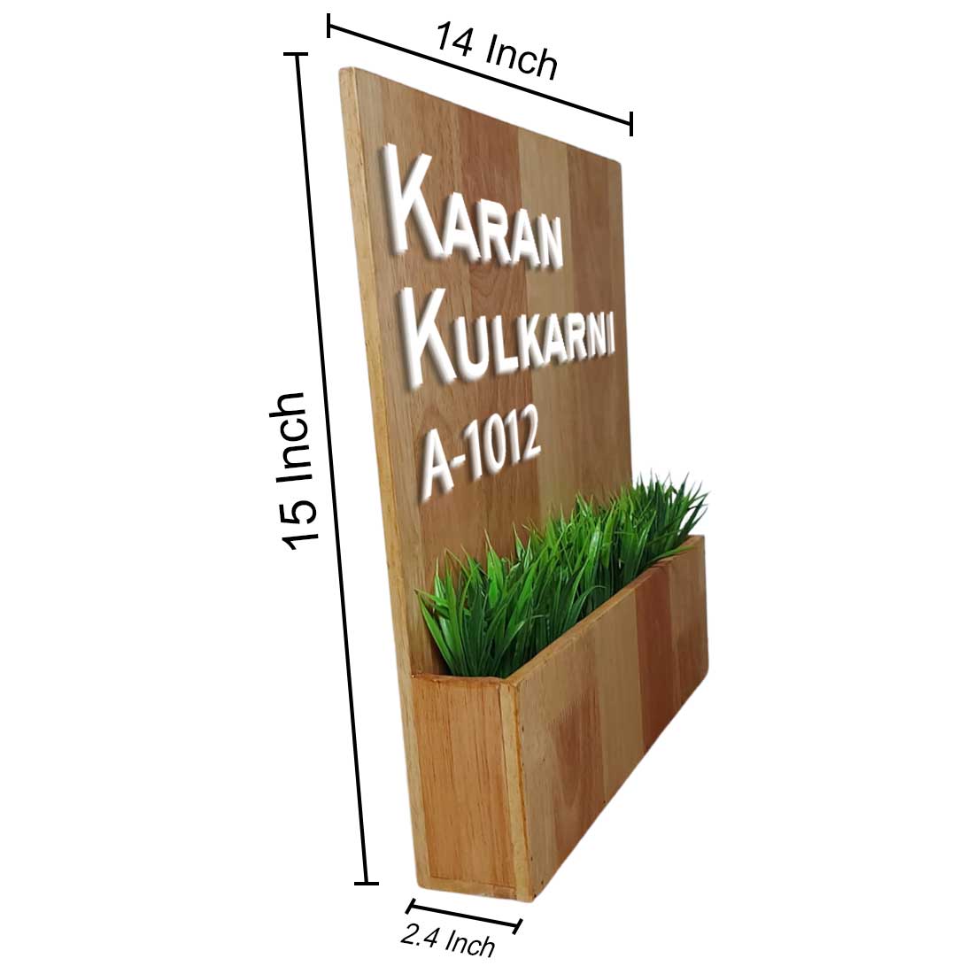 Wooden Name Board with Planter Artificial Greens Included-3D Raised Fonts
