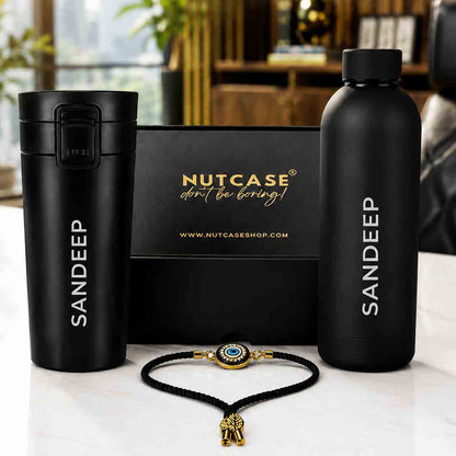 Evil Eye Rakhi Gift Set with Personalized Double Insulated bottle And Coffee Tumbler