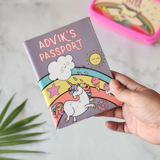 Personalised Passport Cover Baggage Tag Set - Unicorn and Rainbow
