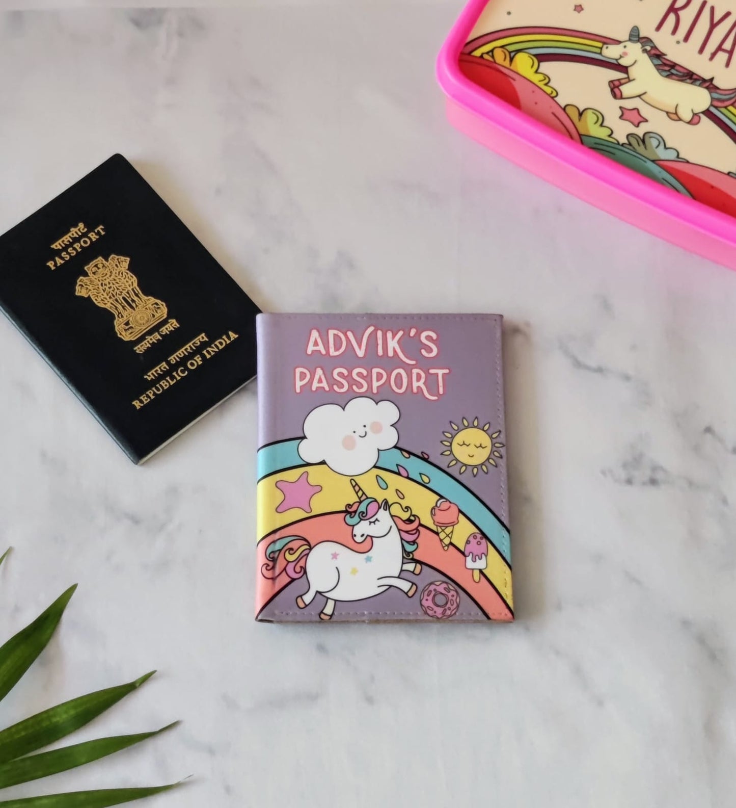 Personalised Passport Cover Baggage Tag Set - Unicorn and Rainbow