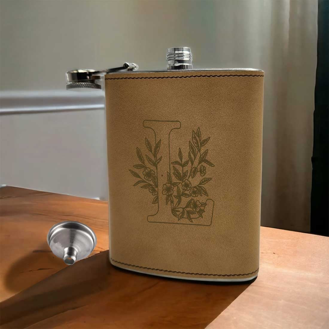 Brown Personalized Faux Leather Hip Flask With Monogram Initial Online India