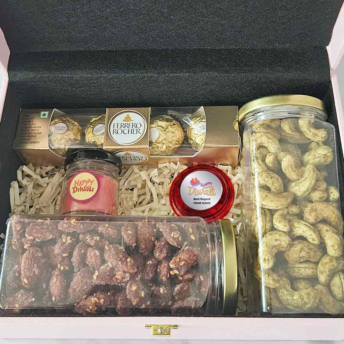 Diwali Gift Box with Custom Silver Coin Hamper Dry Fruits Silver Coin Chocolate & Candle