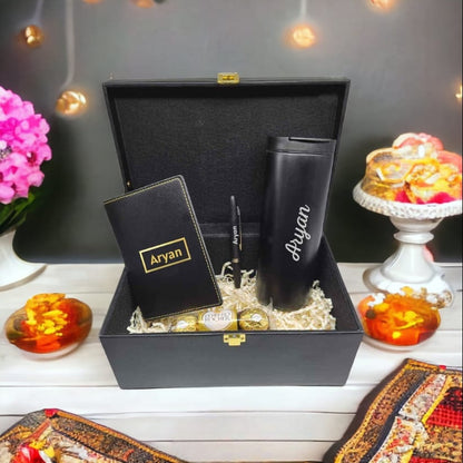 Diwali Gift Box with Personalized Black Passport Cover Custom Coffee Tumbler, Pen & Chocolates-10GM Silver Coin (Optional)