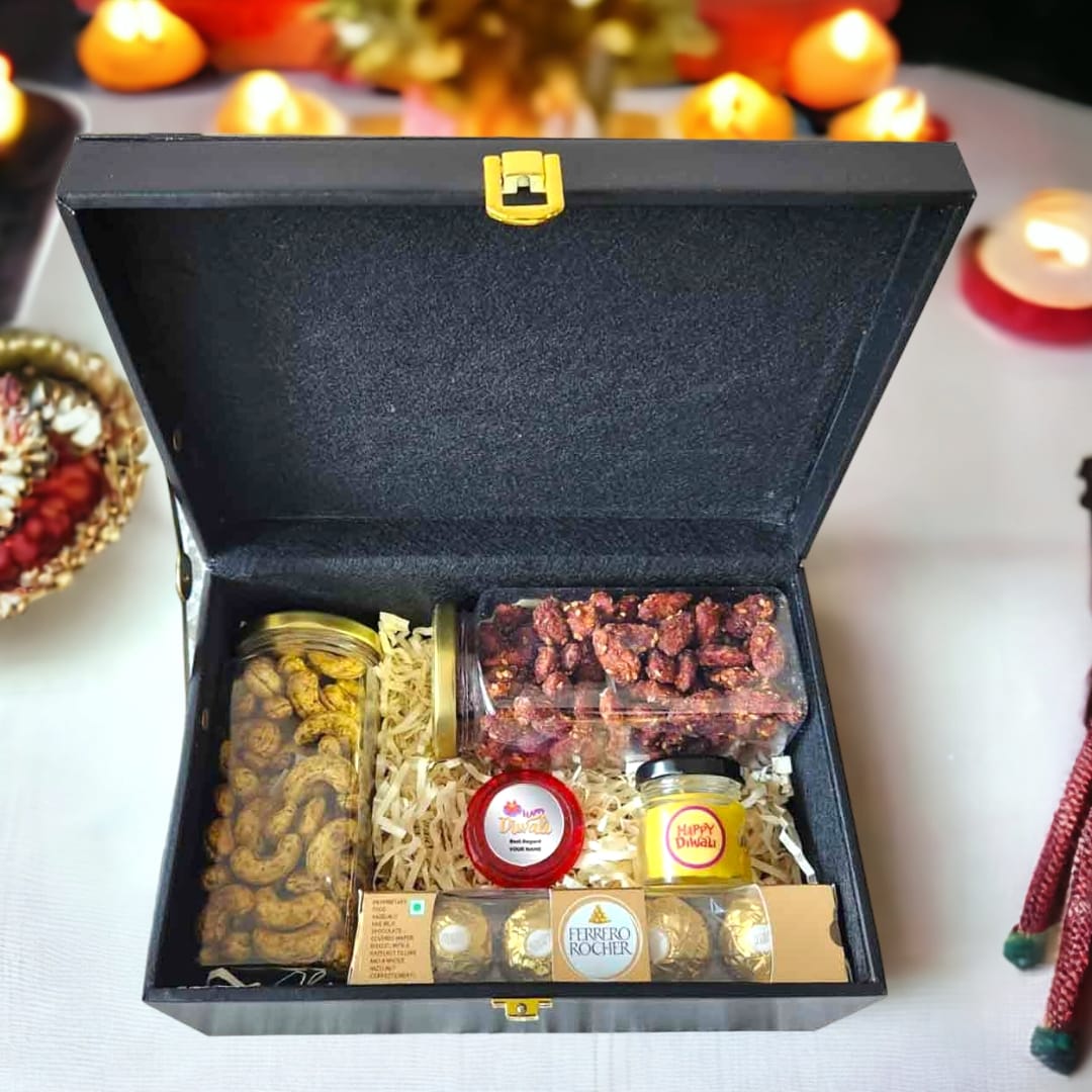 Diwali Gift Box with Custom Silver Coin Hamper Dry Fruits Silver Coin Chocolate & Candle