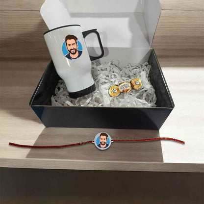 Personalized Photo Rakhi with Caricature Image Along with Custom Photo Coffee Tumbler and Chocolate