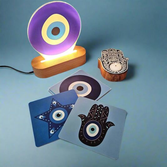 Powerful Evil Eye Protection With LED Lamp Coasters And Hamsa Hand Candle Gift Set