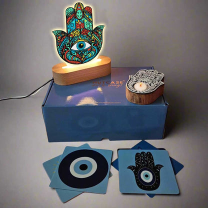 Powerful Hamsa Hand Protection with LED Lamp Coasters and Evil Eye Candle Gift Set