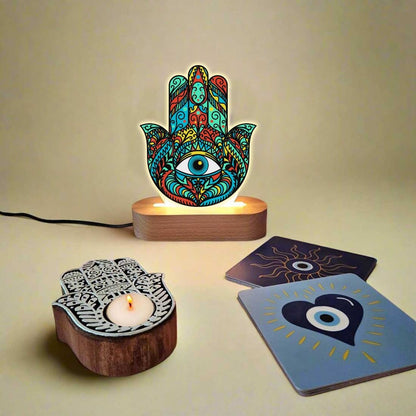 Powerful Hamsa Hand Protection with LED Lamp Coasters and Evil Eye Candle Gift Set