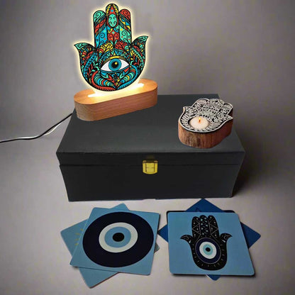 Powerful Hamsa Hand Protection with LED Lamp Coasters and Evil Eye Candle Gift Set