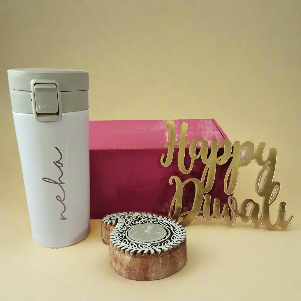 Nutcase Personalized Gifts for Diwali with Coffee Tumbler and a Beautiful Candle Holder