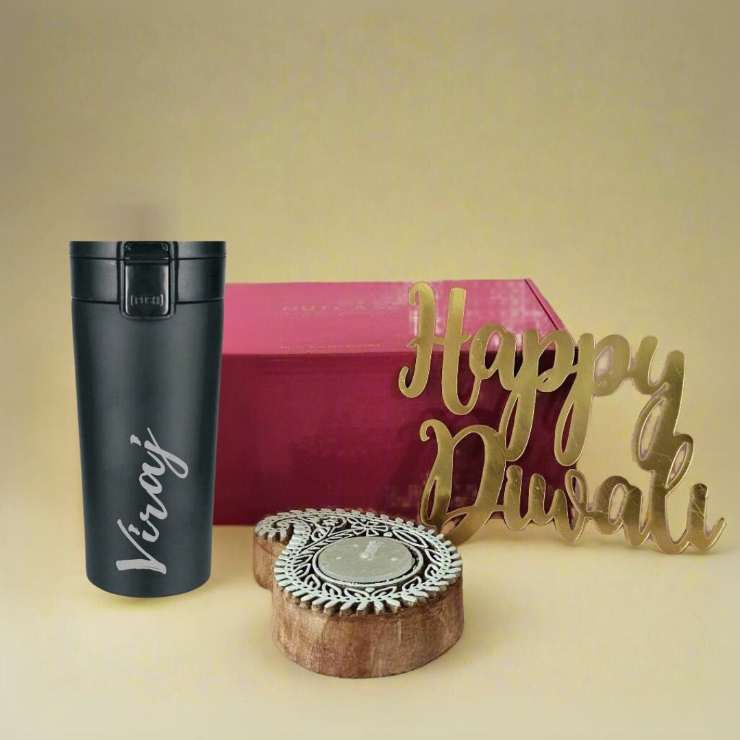 Nutcase Personalized Gifts for Diwali with Coffee Tumbler and a Beautiful Candle Holder