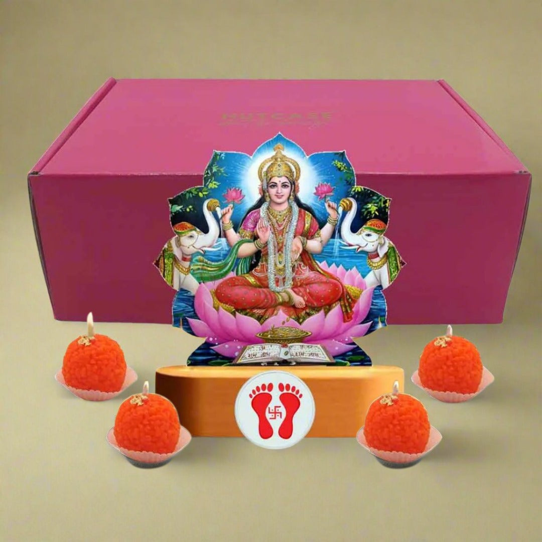 Diwali Gift for Relatives with Goddess Laxmi Lamp and Motichur Candles