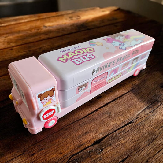 Personalised Pencil Box for Kids Magic Bus with Built-in Sharpener