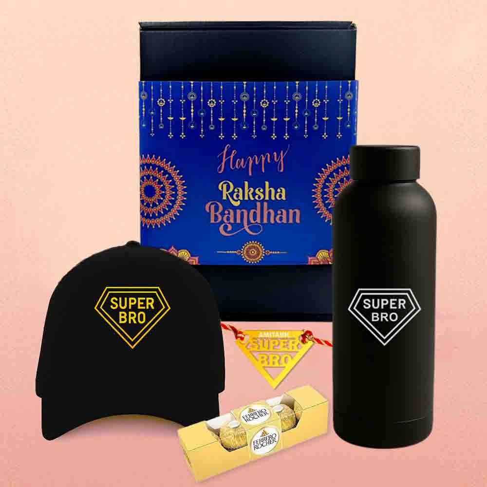 Raksha Bandhan Gift for Brother – Super Bro Black Cap with  Golden Acrylic Rakhi