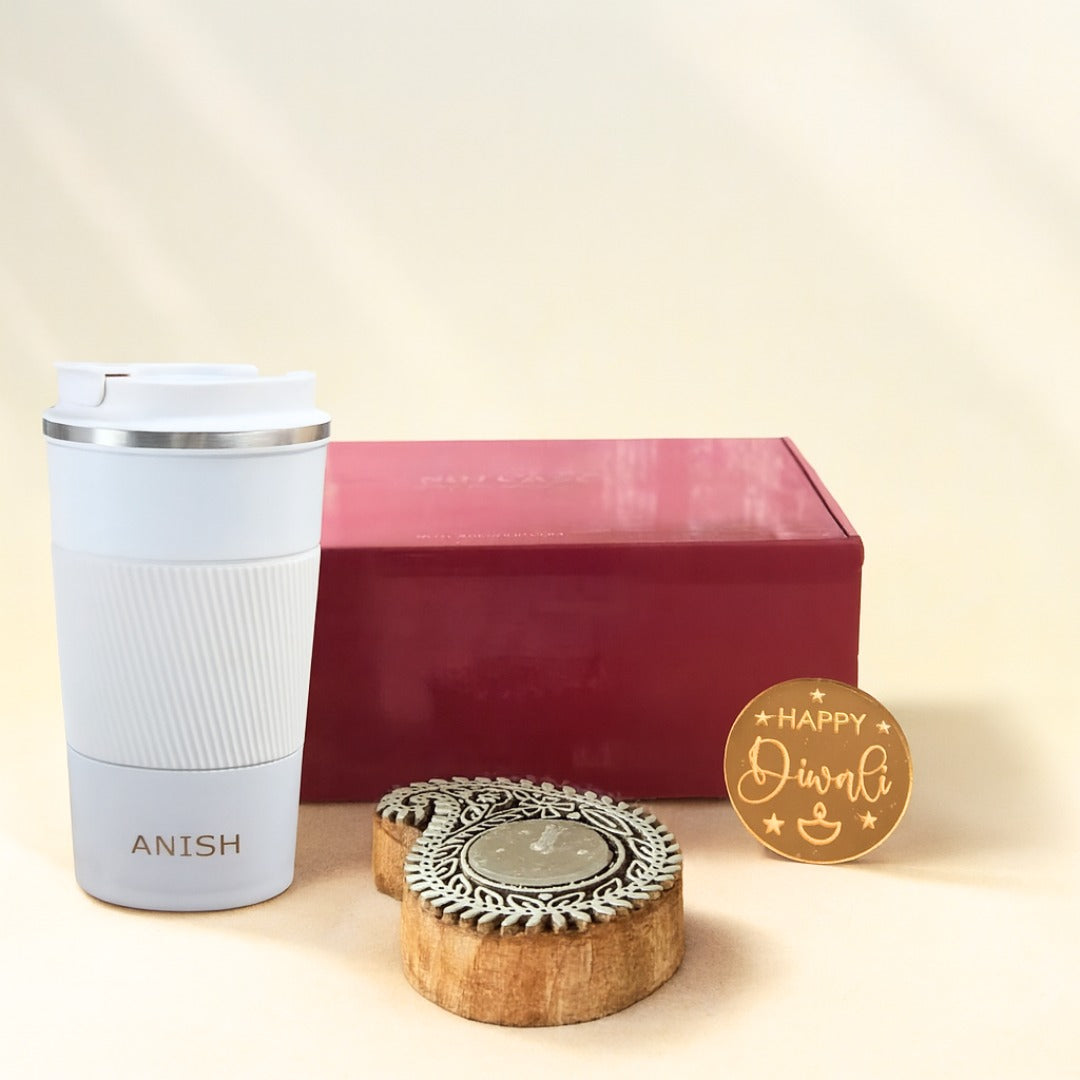 Personalized Diwali Gift Box with Coffee Tumbler, Candle Holder & Festive Treats – Premium Gifting for Employees, Clients & Loved Ones