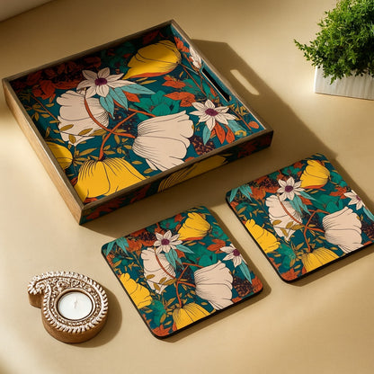 Festive MDF Wooden Tray with 4 Metal Coasters & Decorative Candle Diya – Diwali Gift Set