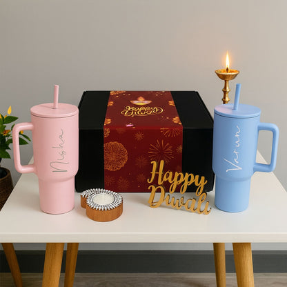 Personalized 1200ml Insulated Tumbler– Diwali Gift Set for Couples | Engraved Travel Mug With Straw