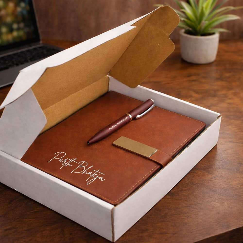 Customized Diary with Name Matching Engraved Pen | Premium Leatherette Diary with Name Black Gift Box