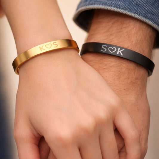 Custom Couples Bracelet Matching Bracelets Valentines Day Gift-Gold & Black-Initials