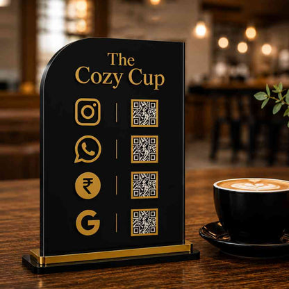 UPI QR code stand for Cafes | Customized Social Media QR Code Sign