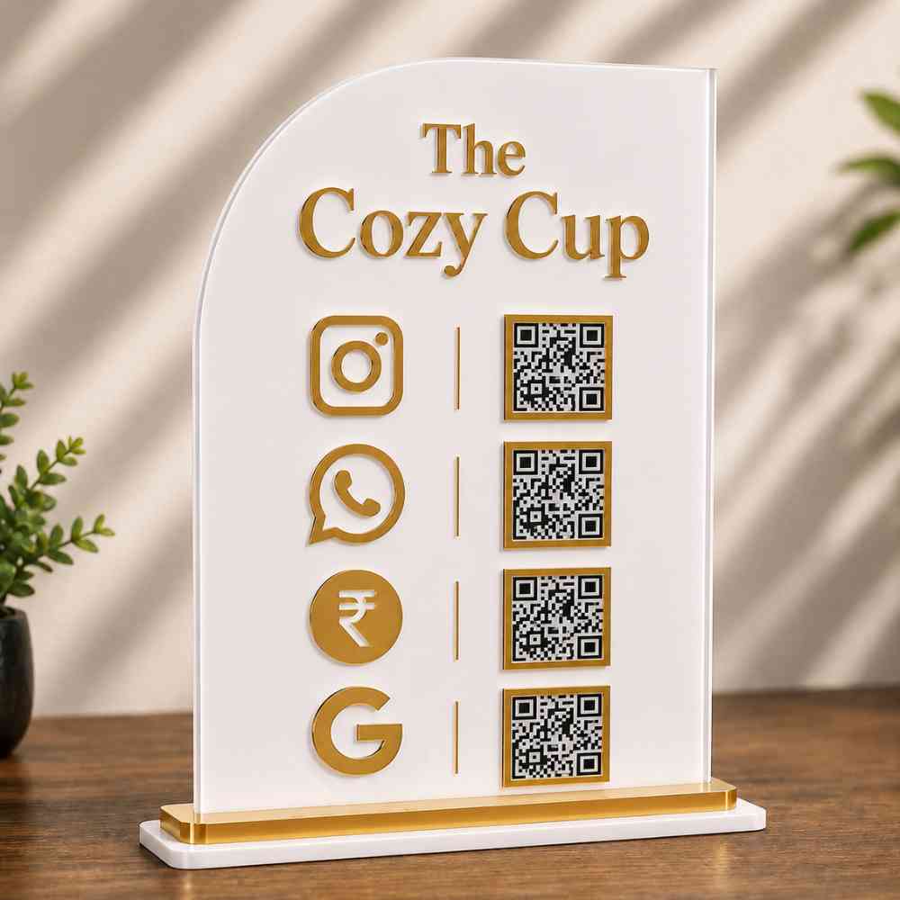 UPI QR code stand for Cafes | Customized Social Media QR Code Sign