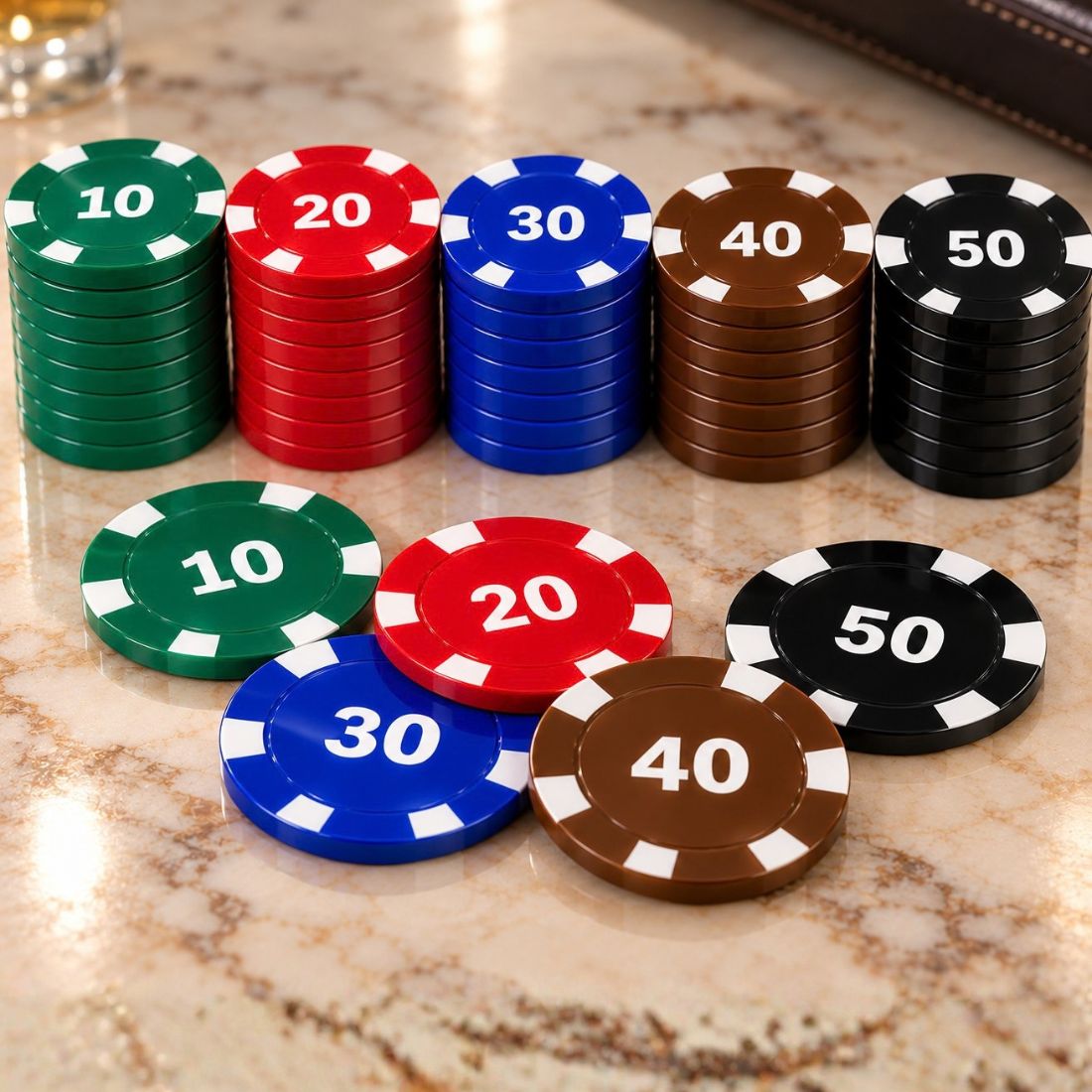 100 pc acrylic poker chips set with 10 20 30 40 and 50 denominations
