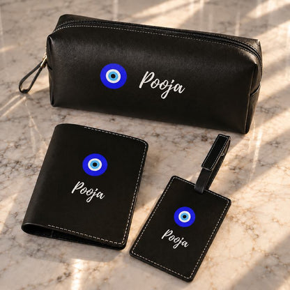 Personalized Diwali Travel Gift Set – Passport Cover, Pouch & Luggage Tag With Evil Eye Design