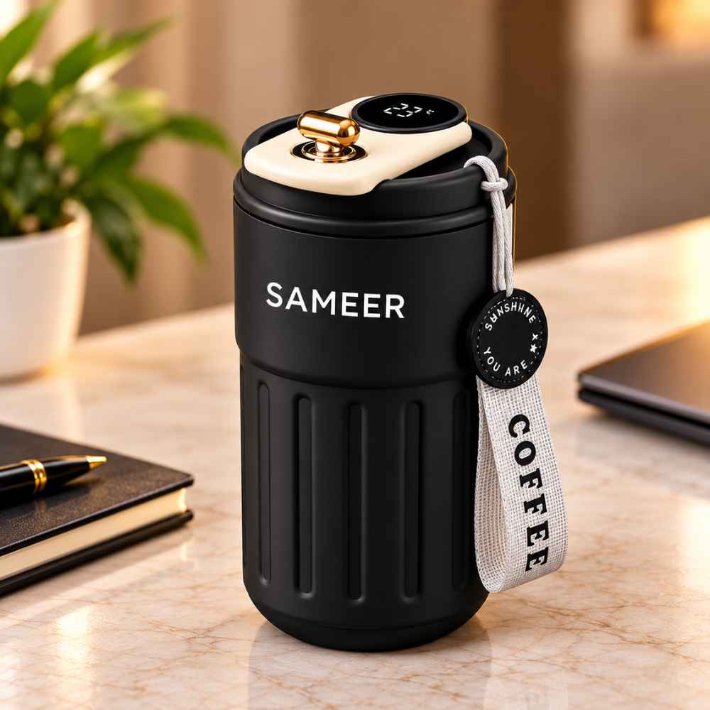 "Personalised black thermal coffee tumbler mug with smart LED temperature display lid."
