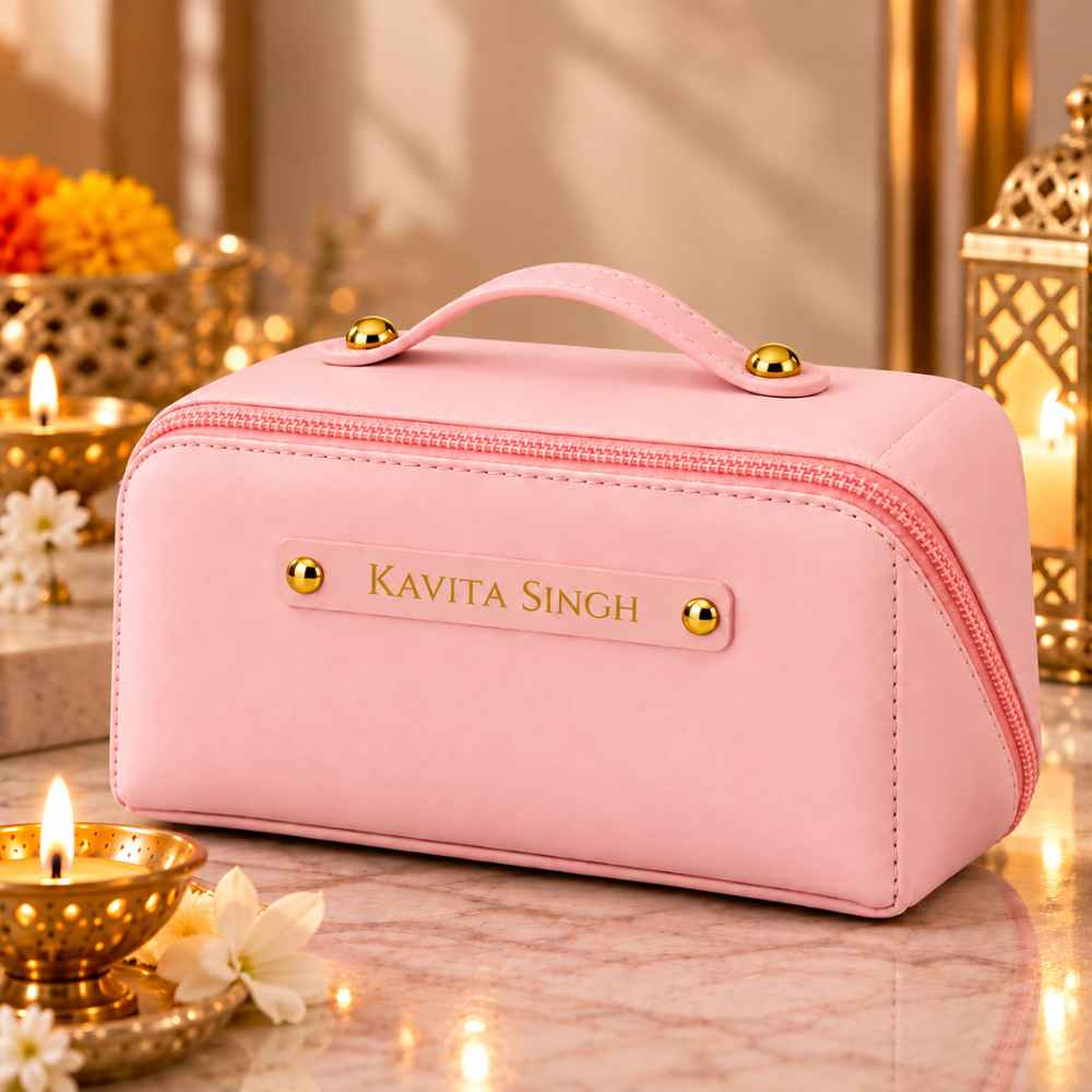"Personalised pink Faux leather travel organizer pouch with custom golden name badge plate."
