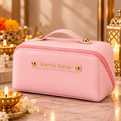"Personalised pink Faux leather travel organizer pouch with custom golden name badge plate."
