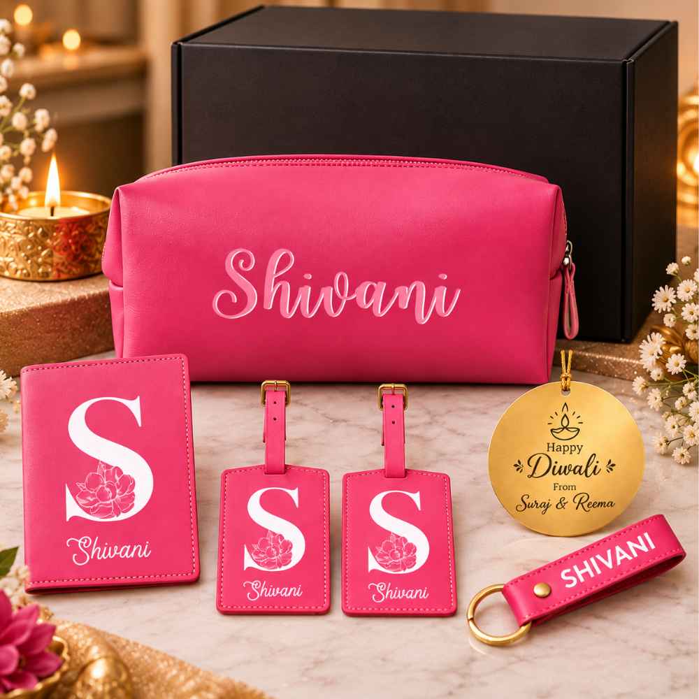 Personalized travel gift set with pink passport cover, luggage tags, pouch and keychain
