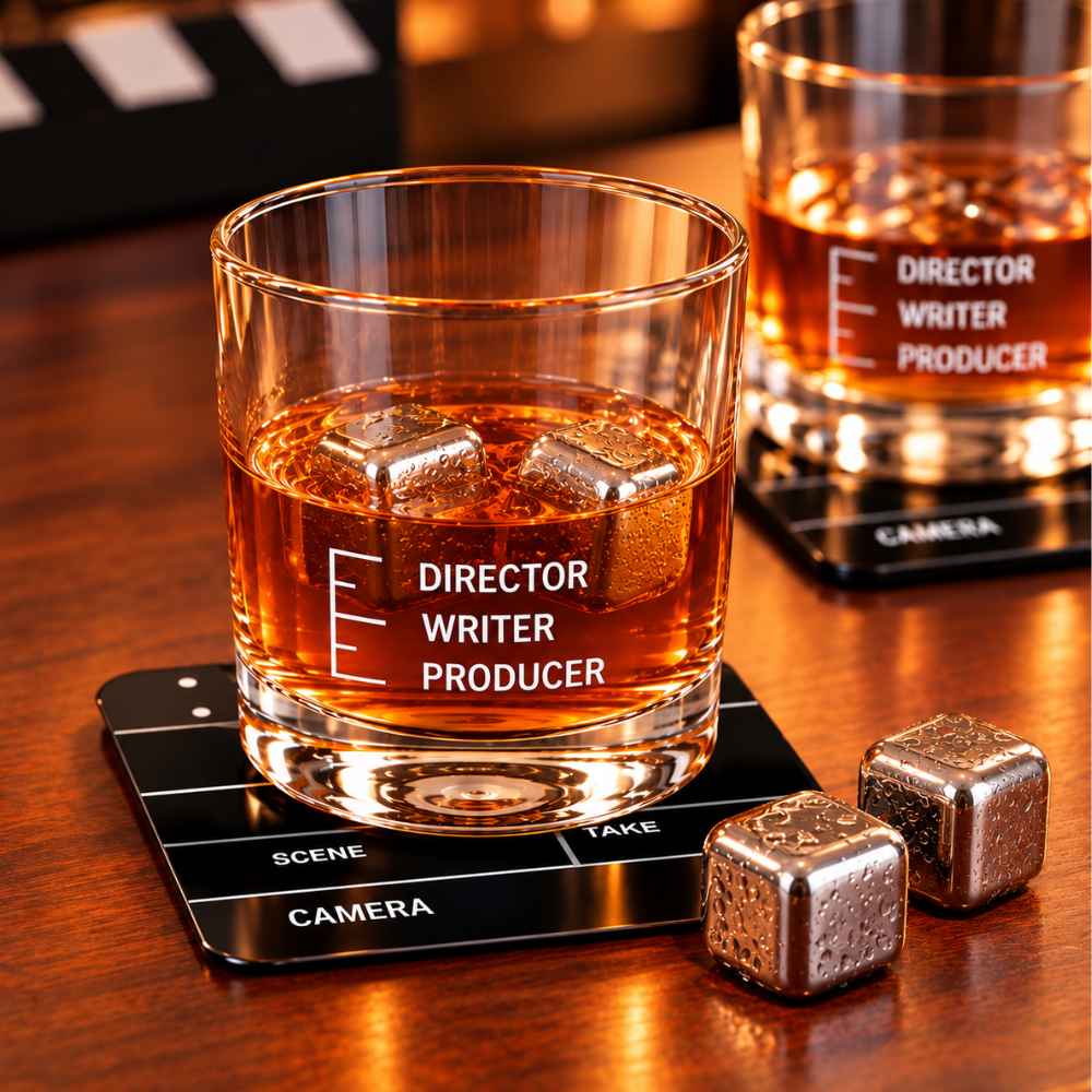Movie-Themed Gift Set for Film Industry – Funny Peg Measure Glasses Set of 2 & Clapboard Metal Coasters Set of 4 - Filmy