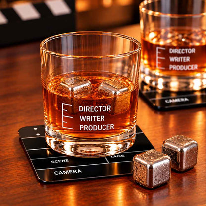 Movie-Themed Gift Set for Film Industry – Funny Peg Measure Glasses Set of 2 & Clapboard Metal Coasters Set of 4 - Filmy