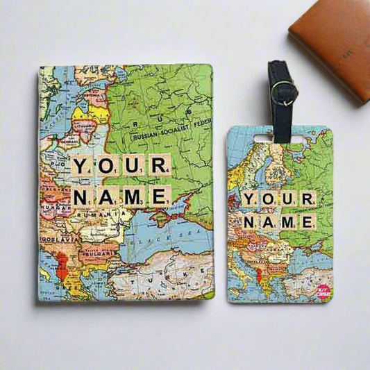 Personalized Passport Cover With Luggage Tag Set - Map