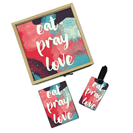 Passport Cover Luggage Tag Wooden Gift Box Set - Eat Pray Love