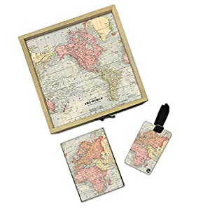 Passport Cover Luggage Tag Wooden Gift Box Set - The World Map