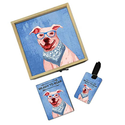 Passport Cover Luggage Tag Wooden Gift Box Set - Hipster Dog