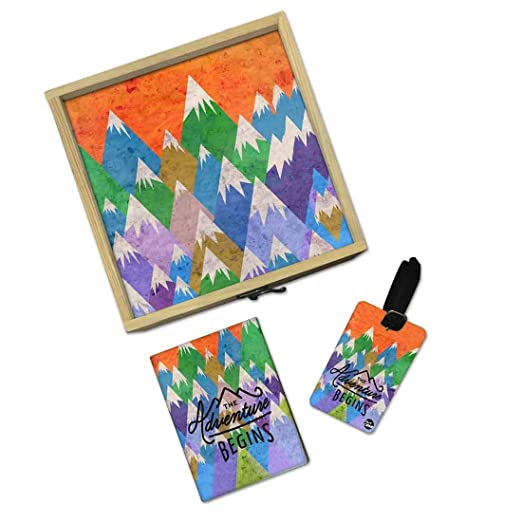 Passport Cover Luggage Tag Wooden Gift Box Set - Mountain