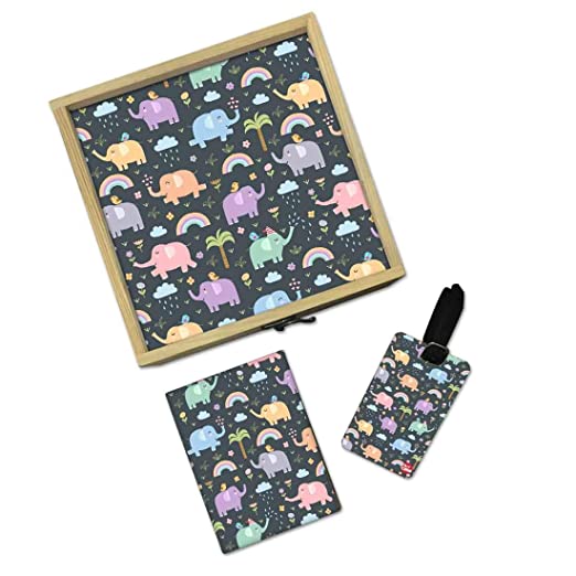 Passport Holder Cover For Kids Luggage Tag Wooden Gift Box Set - Cute Elephant
