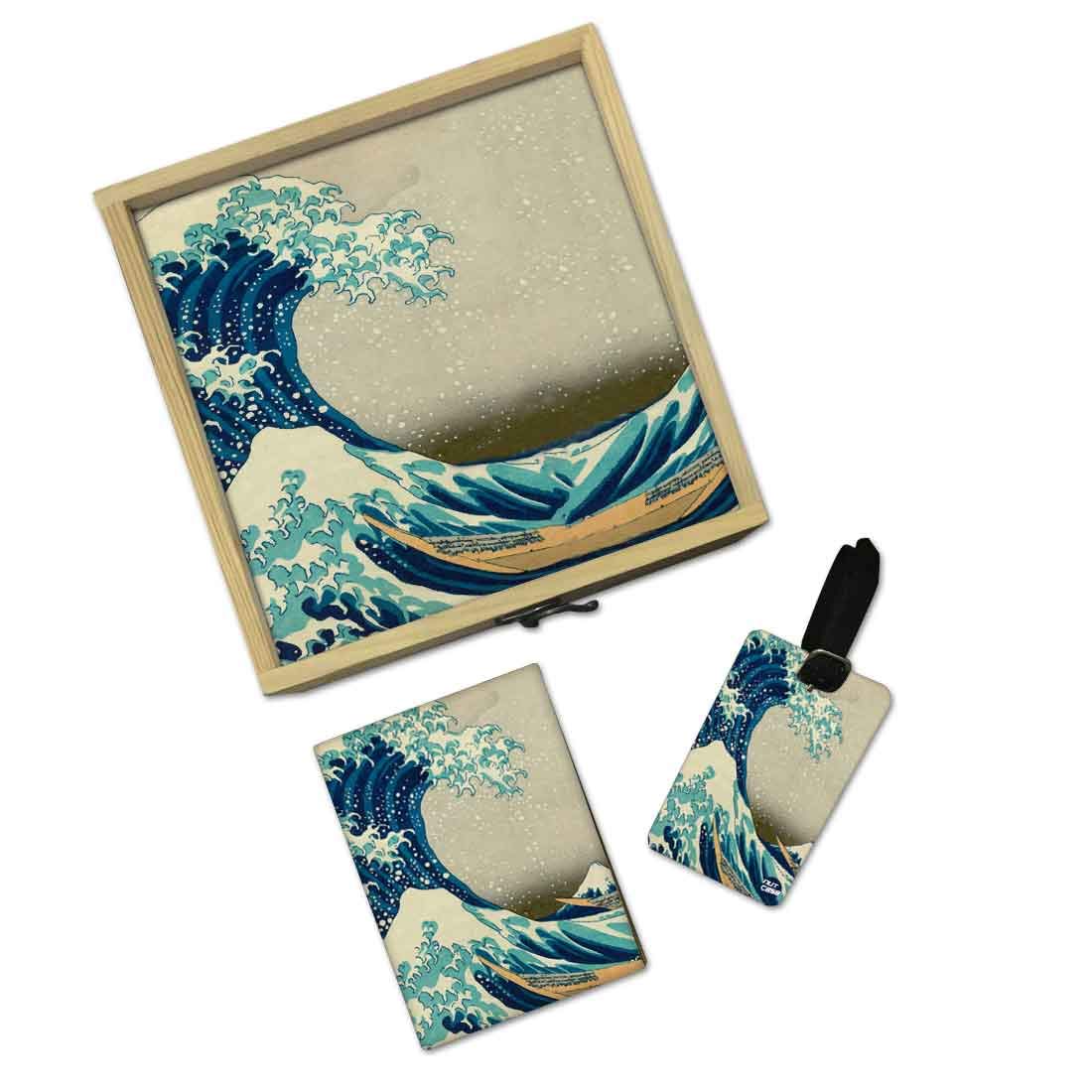 Passport Cover Luggage Tag Wooden Gift Box Set - Big wave