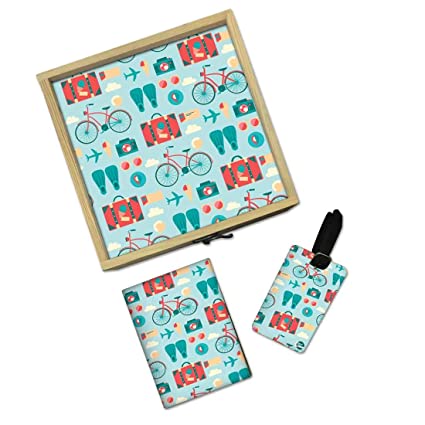 Passport Cover Luggage Tag Wooden Gift Box Set - Doodle Art