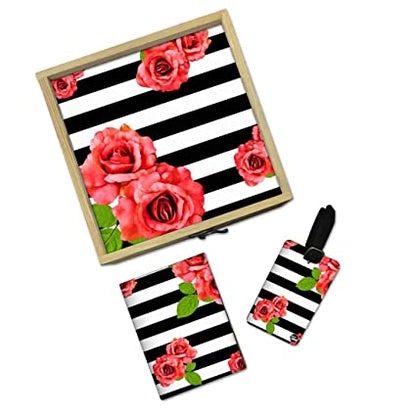 Passport Cover Luggage Tag Wooden Gift Box Set - Red Rose