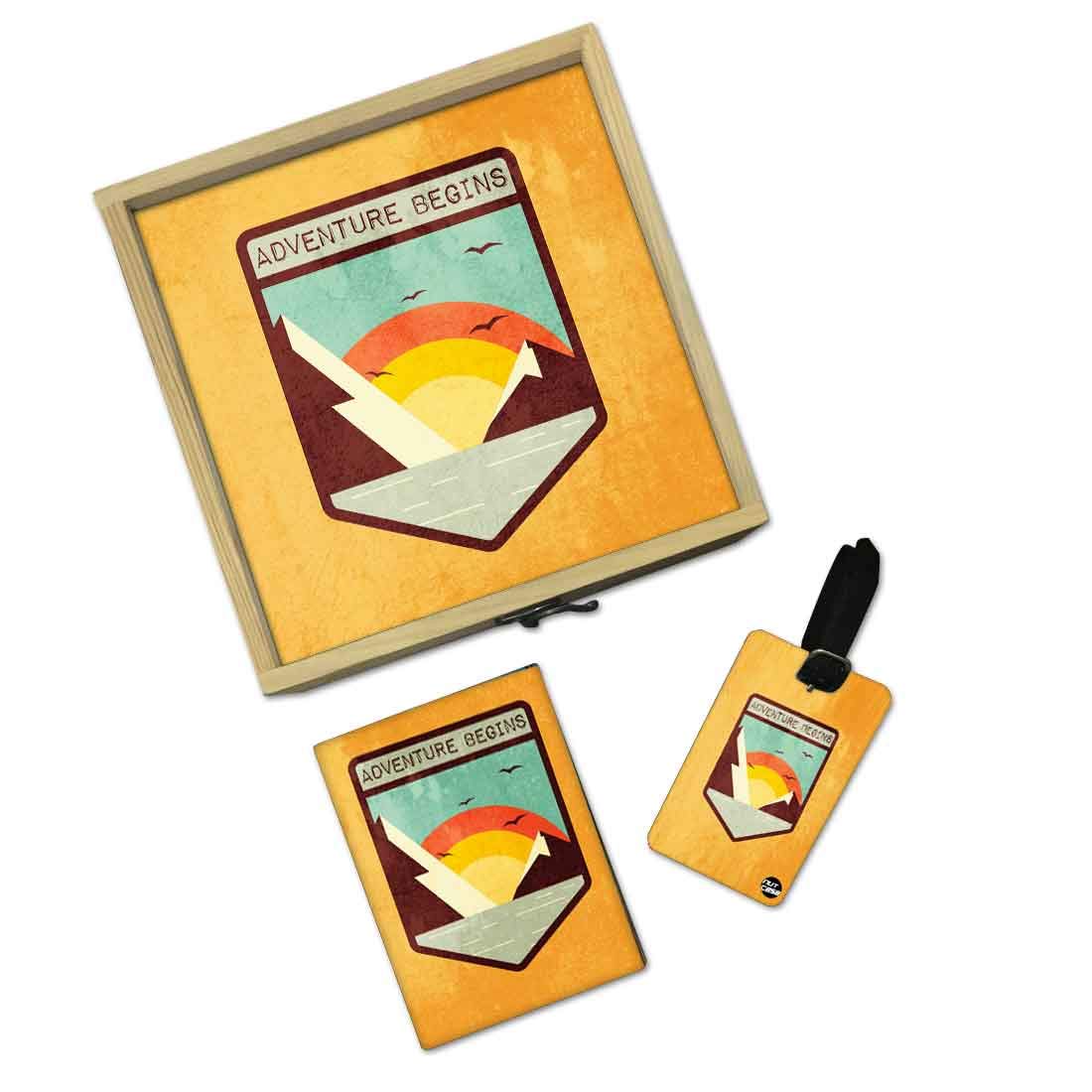 Passport Cover Luggage Tag Wooden Gift Box Set - Adventure Begins