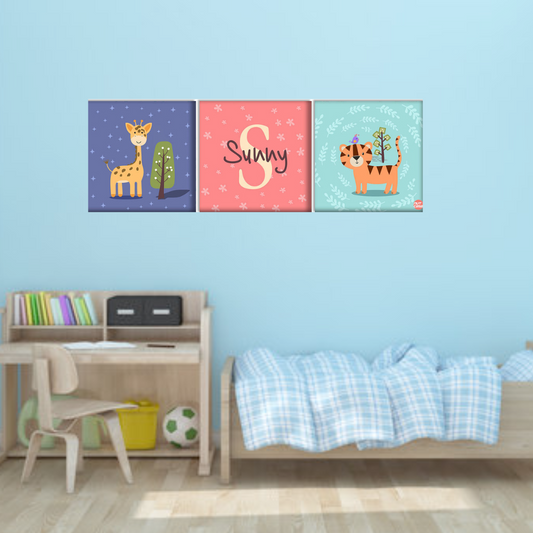 Personalized Nursery Wall Art (Set of 3) -Tigar and Giraffe