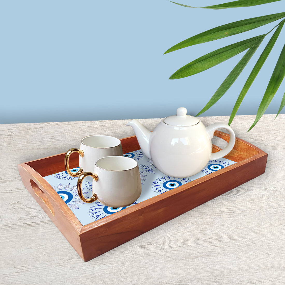 Evil Eye Rectangular Tray Tea Serving Set of 3 for Kitchen Use