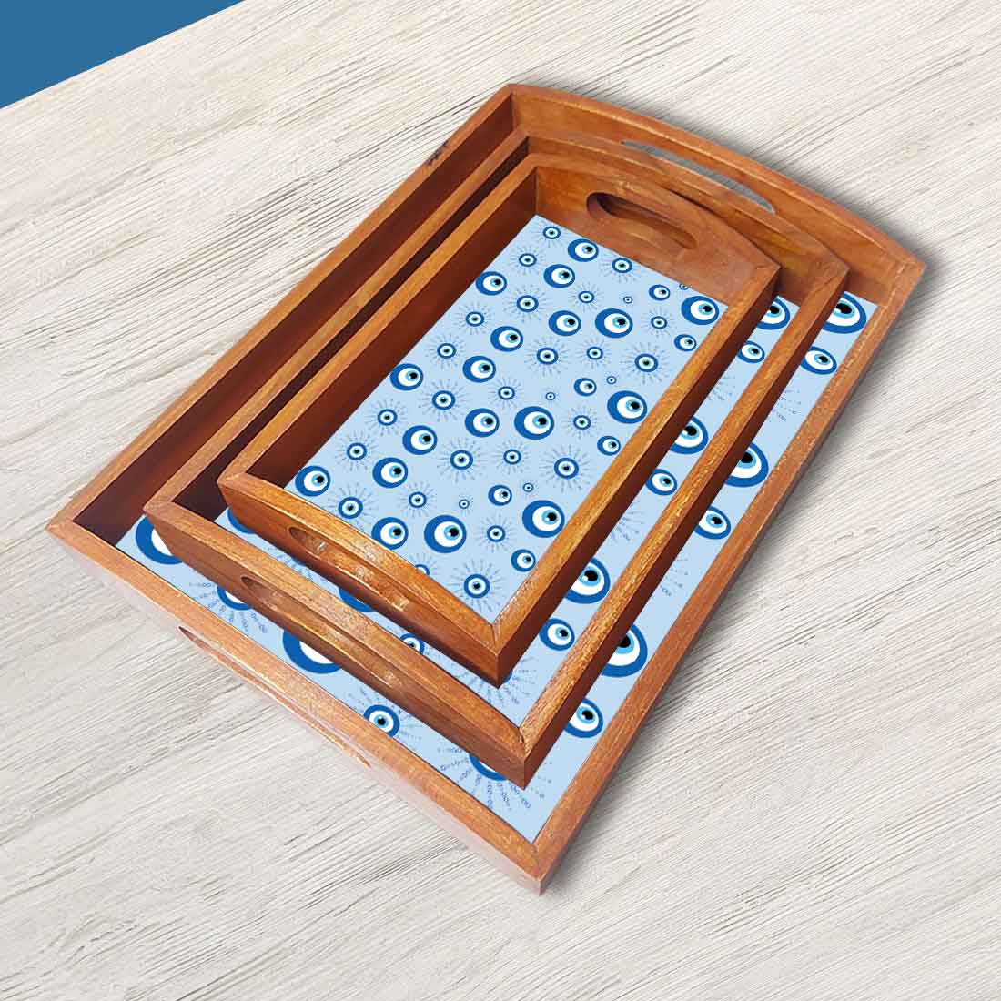 Wooden Tray Service Set of 3 for Dining and Kitchen Use Evil Eye